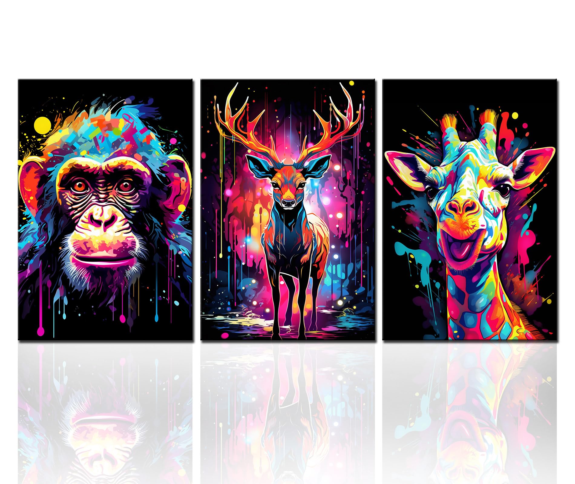 Tucocoo Living Room Wall Art Decor Monkey Deer Giraffe Pictures Animals Portrait Paintings 3 Panel Canvas Graffiti Colourful Modern Artwork Home Decorations Wooden Framed Ready to Hang 48''Wx24''H