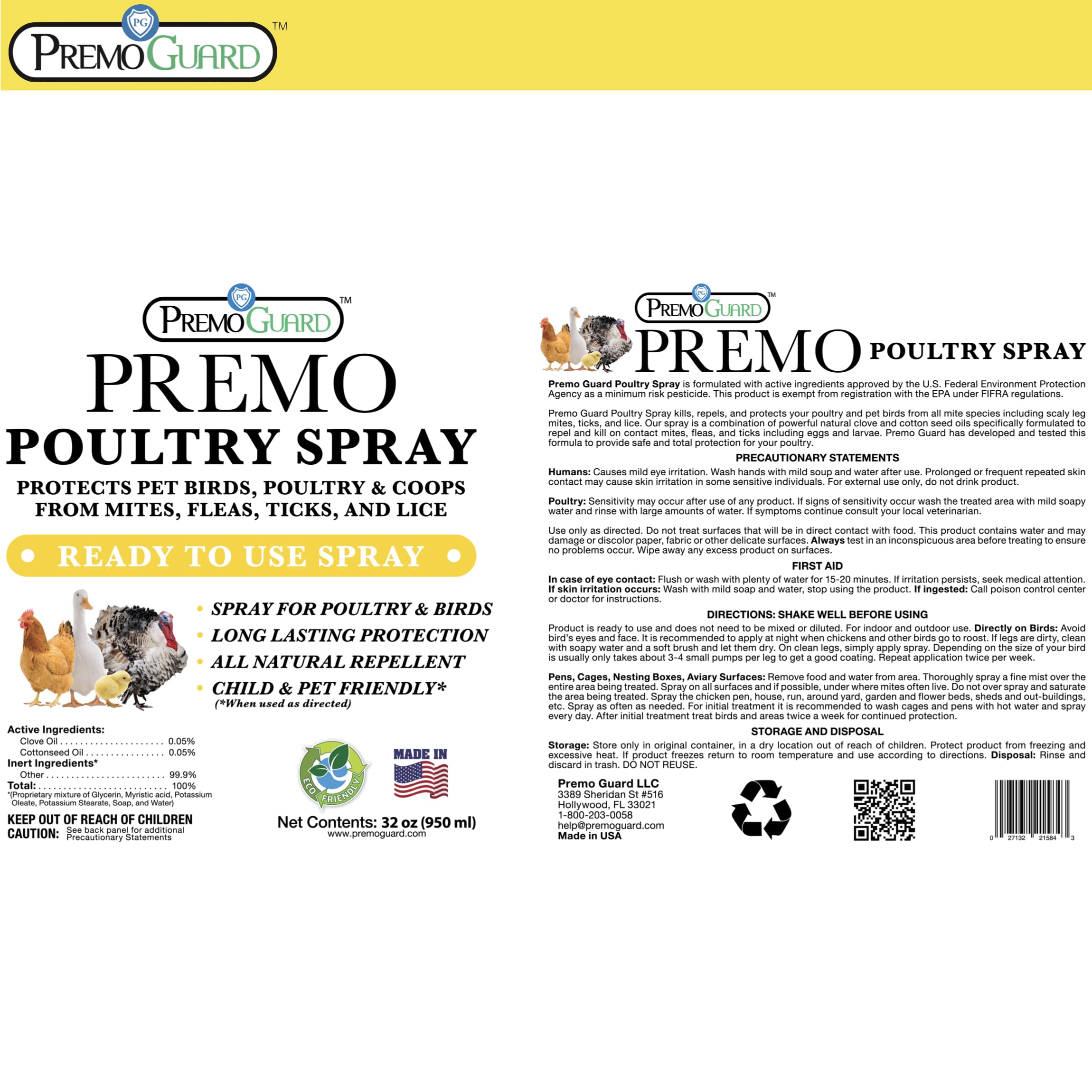 Premo Guard Poultry Spray - 32 oz - Kill Scaly Leg, Mites, Fleas, Lice, & Other Pest on Chickens and in Coops - Natural Plant Based Oils for Control, & Prevention - Family Safe with No Egg Withdrawl