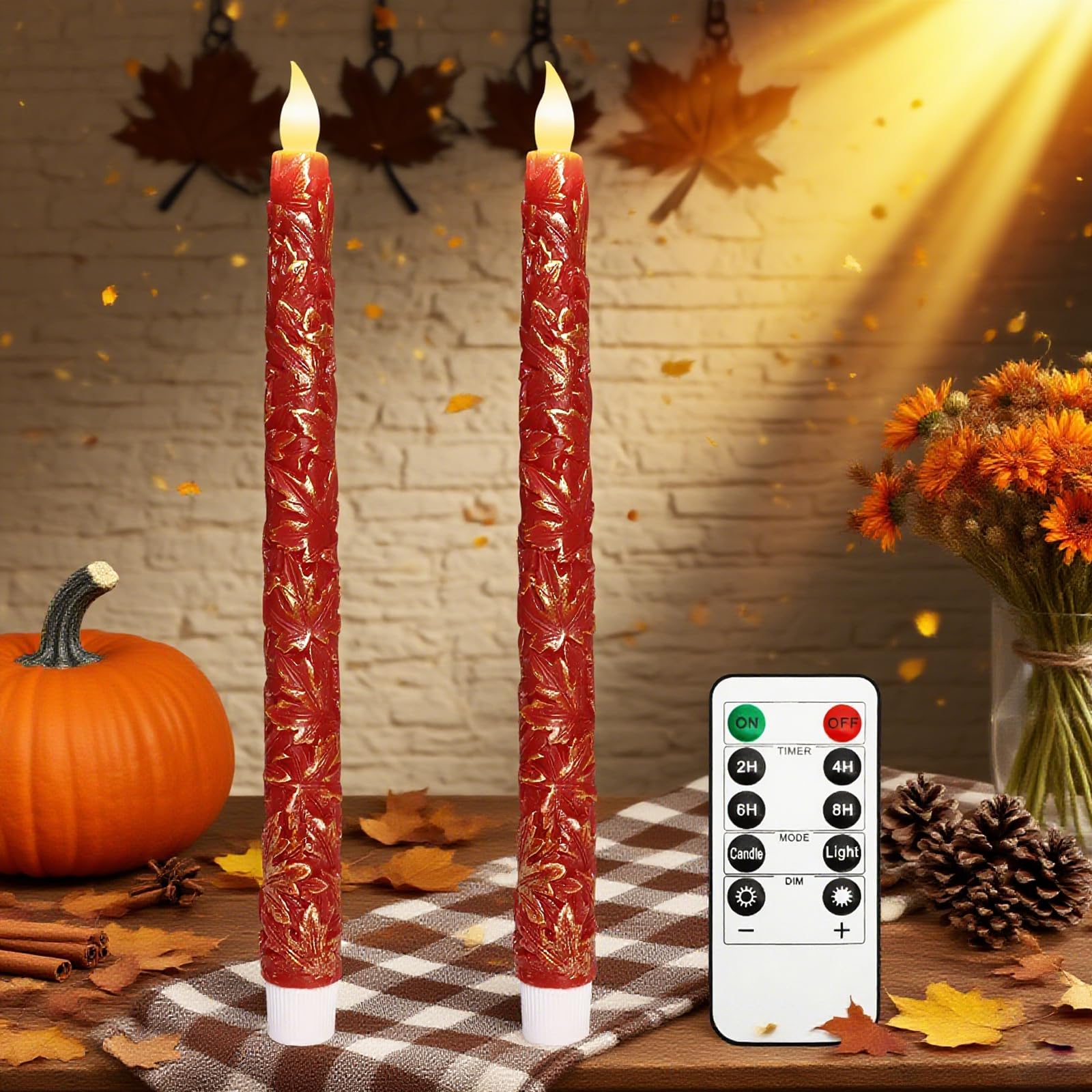Photo 1 of Fall Decor Flameless Taper Candles Battery Operated Remote 11 Inch Tall Handcrafted Red Maple Leaves Real Wax LED Flickering Candle Vintage Home Aesthetic Decor for Autumn Christmas Thanksgiving Gift