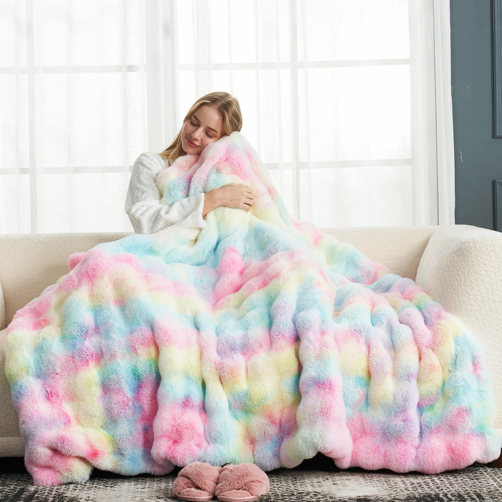 Photo 1 of Cozy Bliss Faux Fur Throw Blanket for Couch, Fuzzy Soft Plush Thick Bubble Blanket for Sofa Bedroom Living Room, 60 * 80 Inches Tie-dye Rainbow