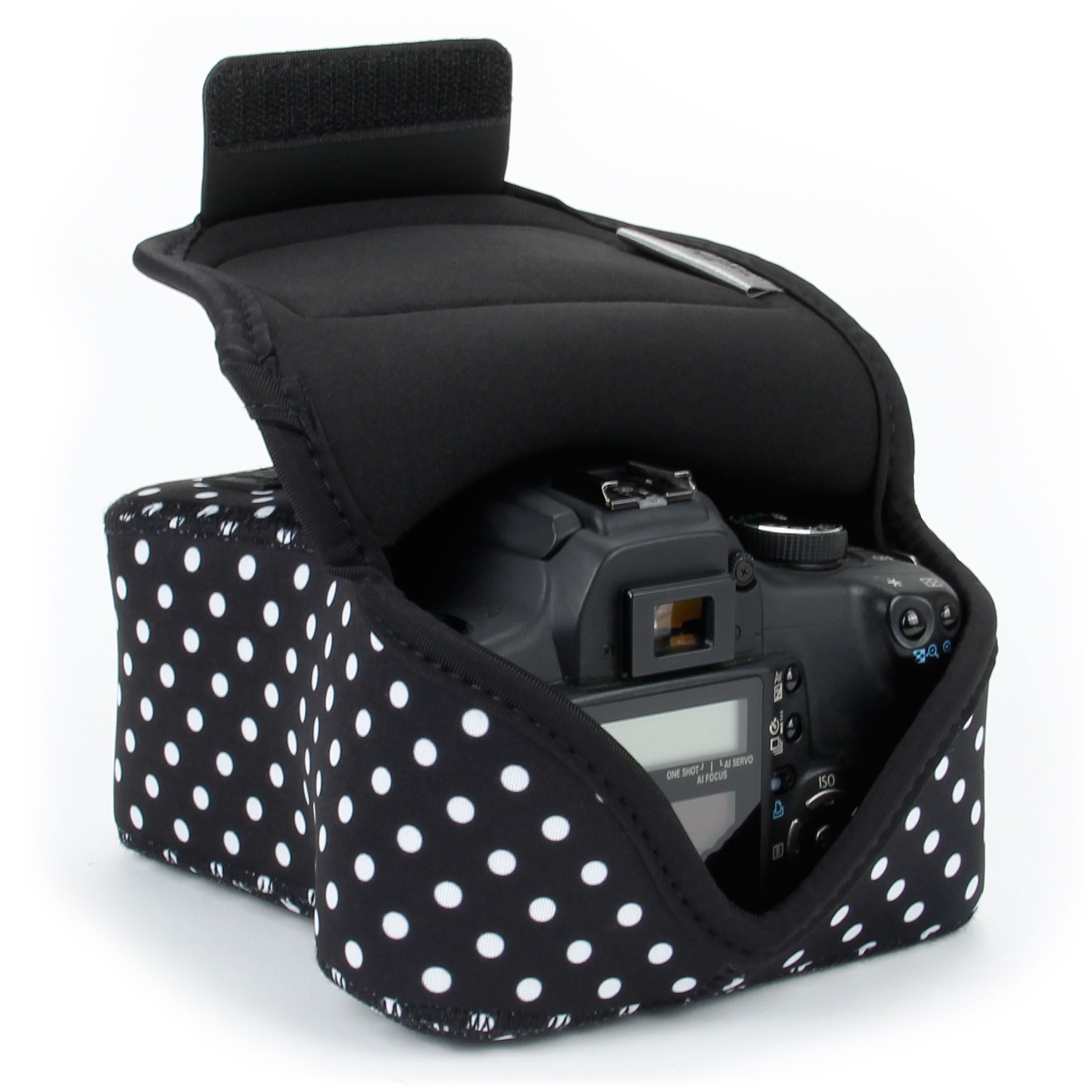USA Gear DSLR Camera Sleeve (Polka Dot) with Neoprene Protection, Holster Belt Loop and Accessory Storage - Compatible with Canon EOS Rebel T7, T8, SL3, R7, Nikon D3400, Pentax K-70 and Many More