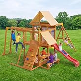 Wooden Swing Sets for Backyard, Outdoor Playset with Climbing System | Outdoor Playground Set With Transperant Drawing Board , Swingset with Monkey Bar, Robe Ladder, Cargo Net for Kids Ages 3-8