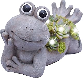 TERESA'S COLLECTIONS Solar Frosch Gartenfiguren für Außen LED Solarlecuhte Kunstharz 11cm Wasserfest Frosch Wetterfest Gartendeko Figur Solarlampe für Garten Balkon Terasse Fairy