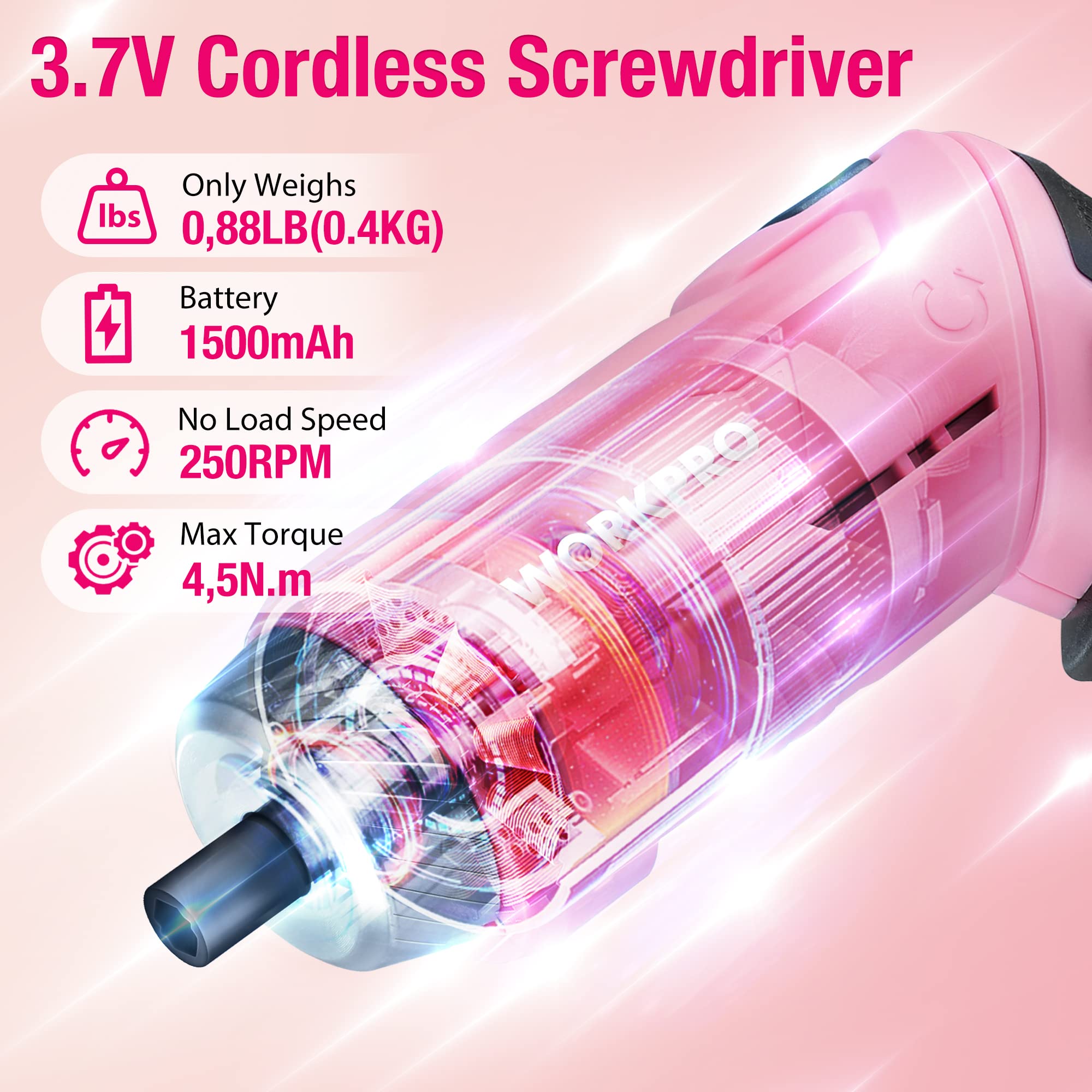 WORKPRO Werkzeugset Rosa pink 18 tlg. mit USB C Akkuschrauber klein, pinker Werkzeugkoffer gefüllt Haushalt, Werkzeugsatz für Heimwerker, Kinder, DIY Bastelei 5