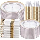 SUT 350 Pcs Gold and Clear Plastic Dinnerware Set for 50 Guests, Include: 50 Dinner Plates, 50 Dessert Plates, 50 Pre Rolled Napkins With Silverware, 50 Cups, Disposable Plates for Party, Wedding