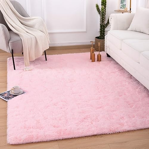 Quenlife Fluffy Bedroom Rug Plush and Soft Nursery Rugs Shaggy Carpet for Kids Grils Room Furry Children Home Decoration Shag Floor Rugs with Anti-Slip Bottom, 3 x 5ft, Pink
