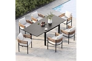 Grand patio 7-Piece Outdoor Dining Set for 6 with 1 Rectangle Expandable Table for 4-6 Person, Metal Woven Wicker Fixed Patio Chairs with Thickened Cushions for Yard, Poolside, Deck (Natural)