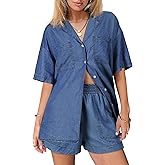 POTILI Denim Set for Women 2 Peice Outfits Jean Shirts Top and Shorts for Summer Lightweight Tracksuits Trendy