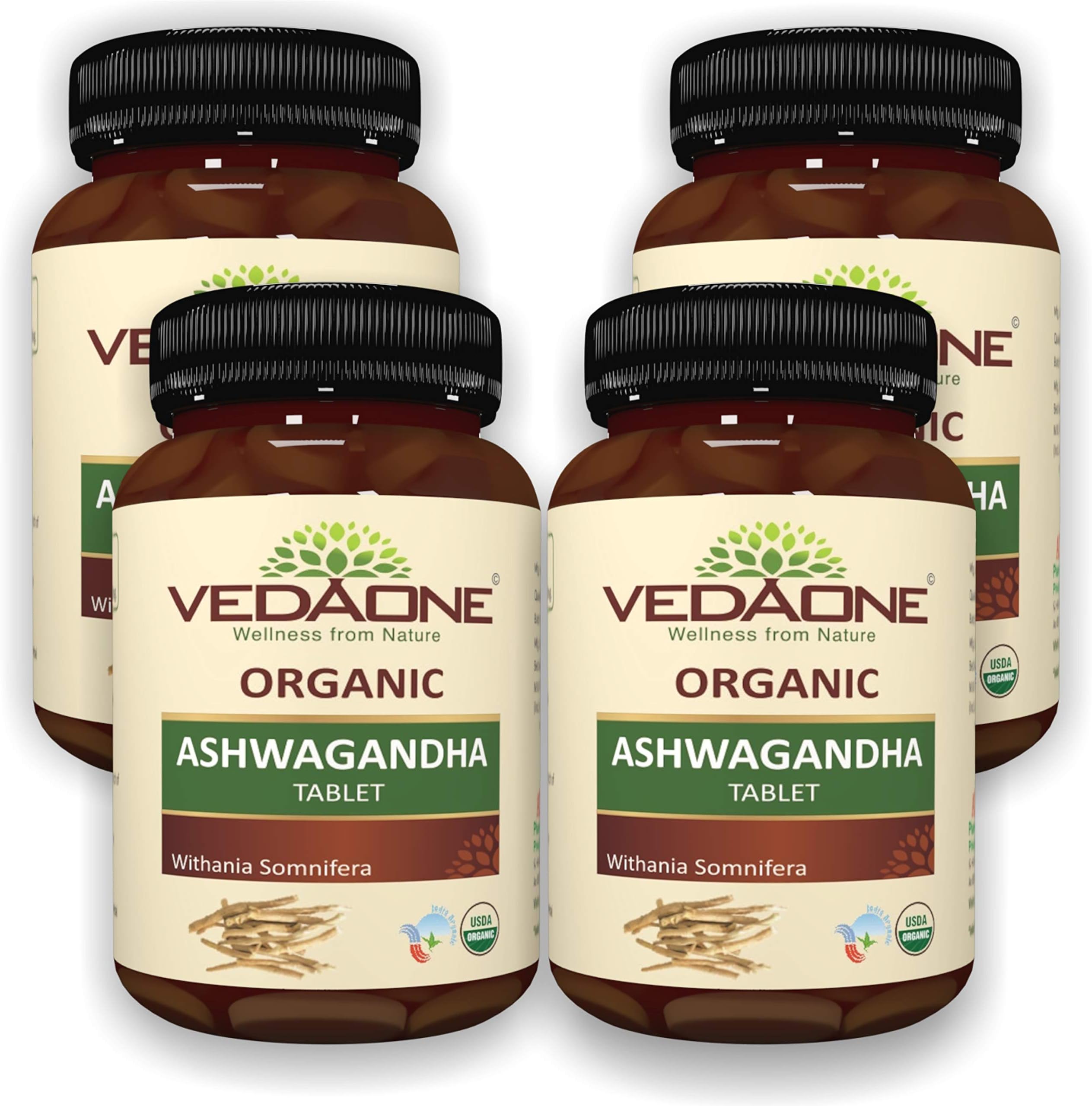 Vedaone USDA Organic Ashwagandha (Indian Ginseng) 750mg - 60 Tablets Helps in Anti Stress Support (Pack Of 4)