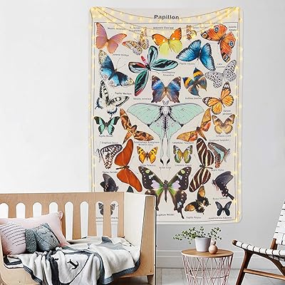 Livole Butterfly Tapestry Vintage Beige Tapestries Aesthetic Tapestry Chart Tapestry Wall Hanging for Room (51.2 x 59.1 inches)