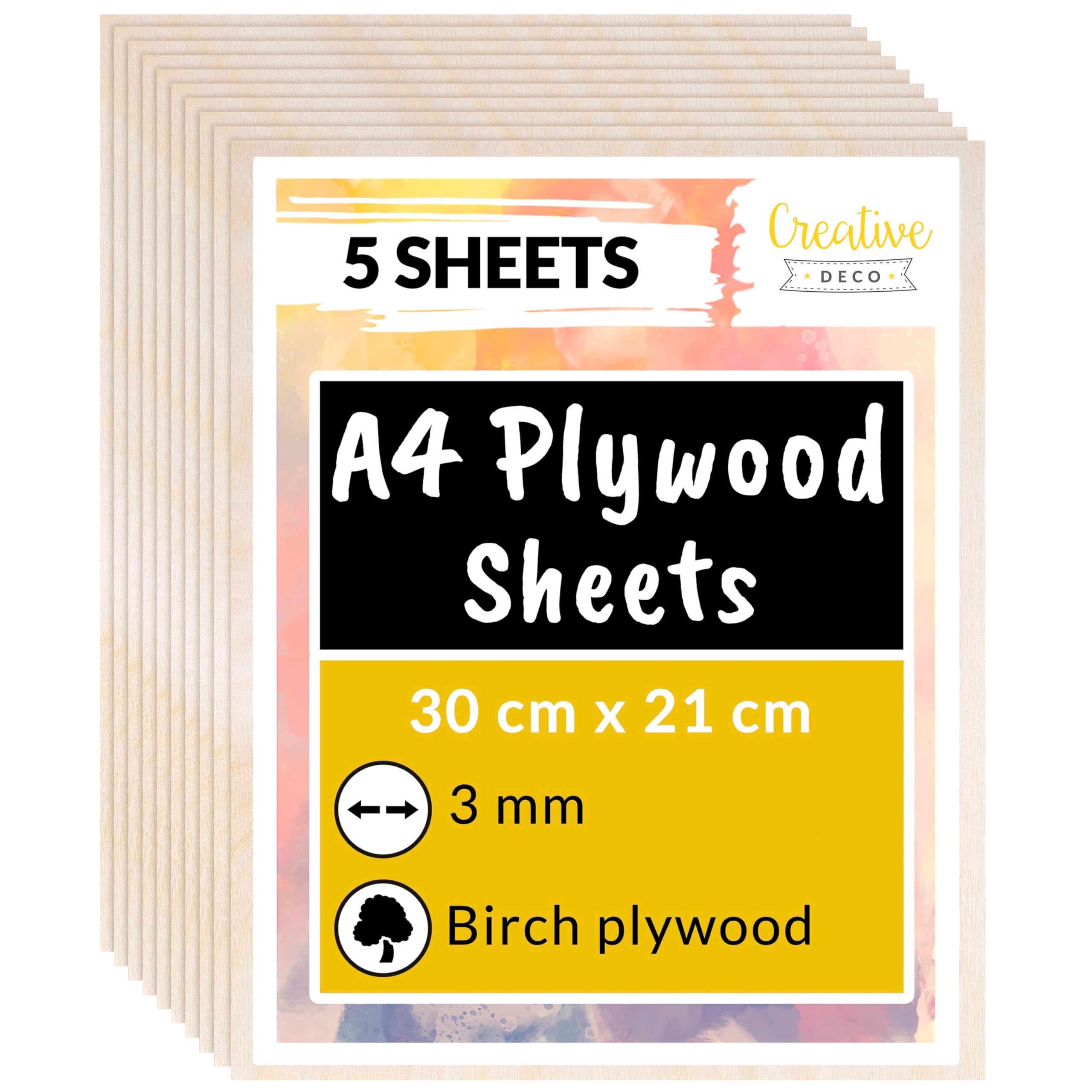 Creative Deco 5 x A4 Birch Plywood Sheets | 300 x 210 x 3mm (+/-2mm) Baltic Wood Ply | Perfect Laserable Board for Wood DIY Home Decor Arts Craft Painting Laser Cutting CNC Stenciling Pyrography