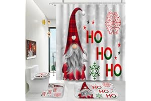 ENYORSEL Christmas Bathroom Set,Gnome Shower Curtain Sets with Rugs Incl Shower Curtain with 12 Hooks, Soft Non-Slip Bath Mat, Toilet U-Shaped Floor Mat and Toilet Lid Cover Mat for Bathroom Decor