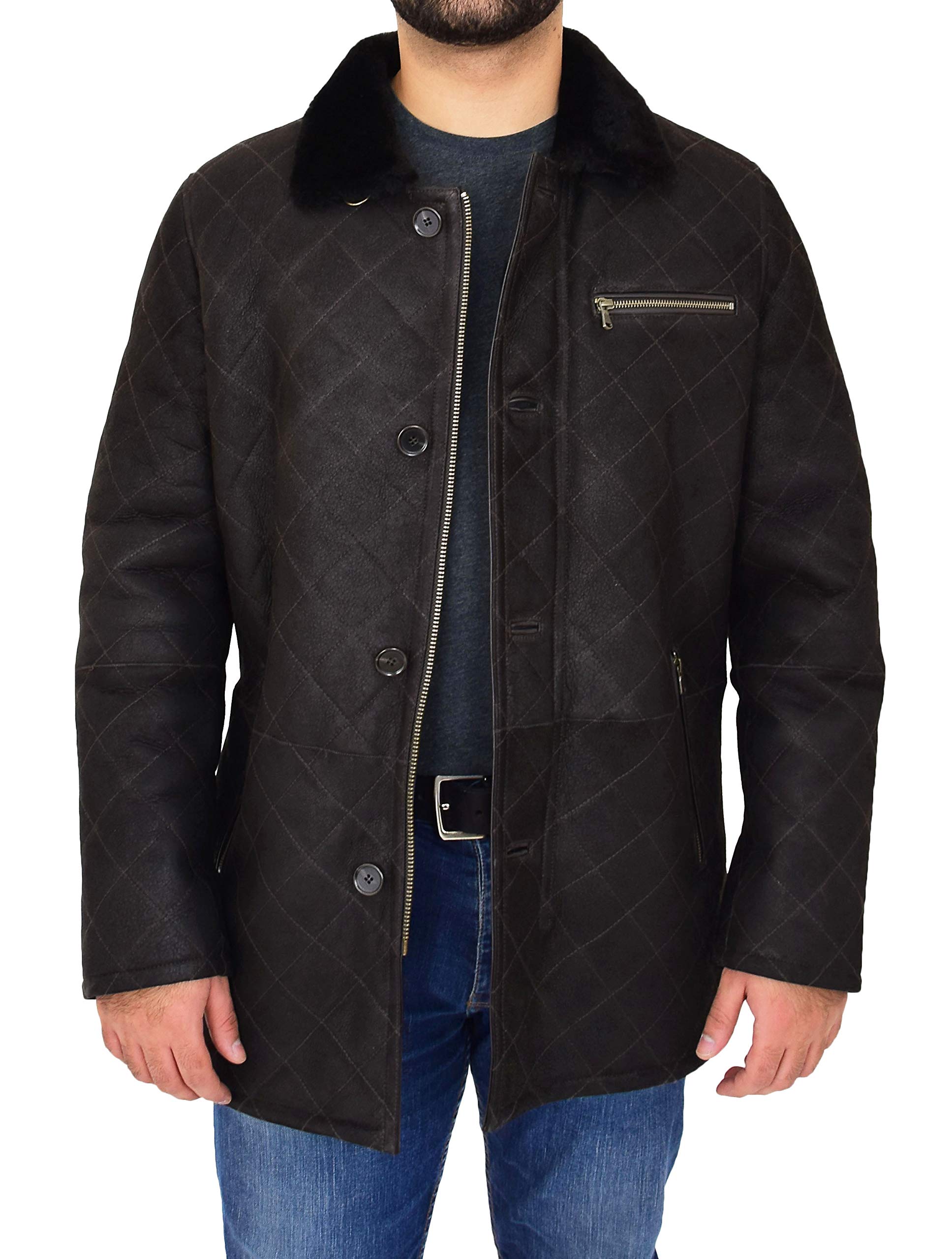 Mens Real Sheepskin Quilted Cross Stitch Shearling Jacket Edwin Dark Brown