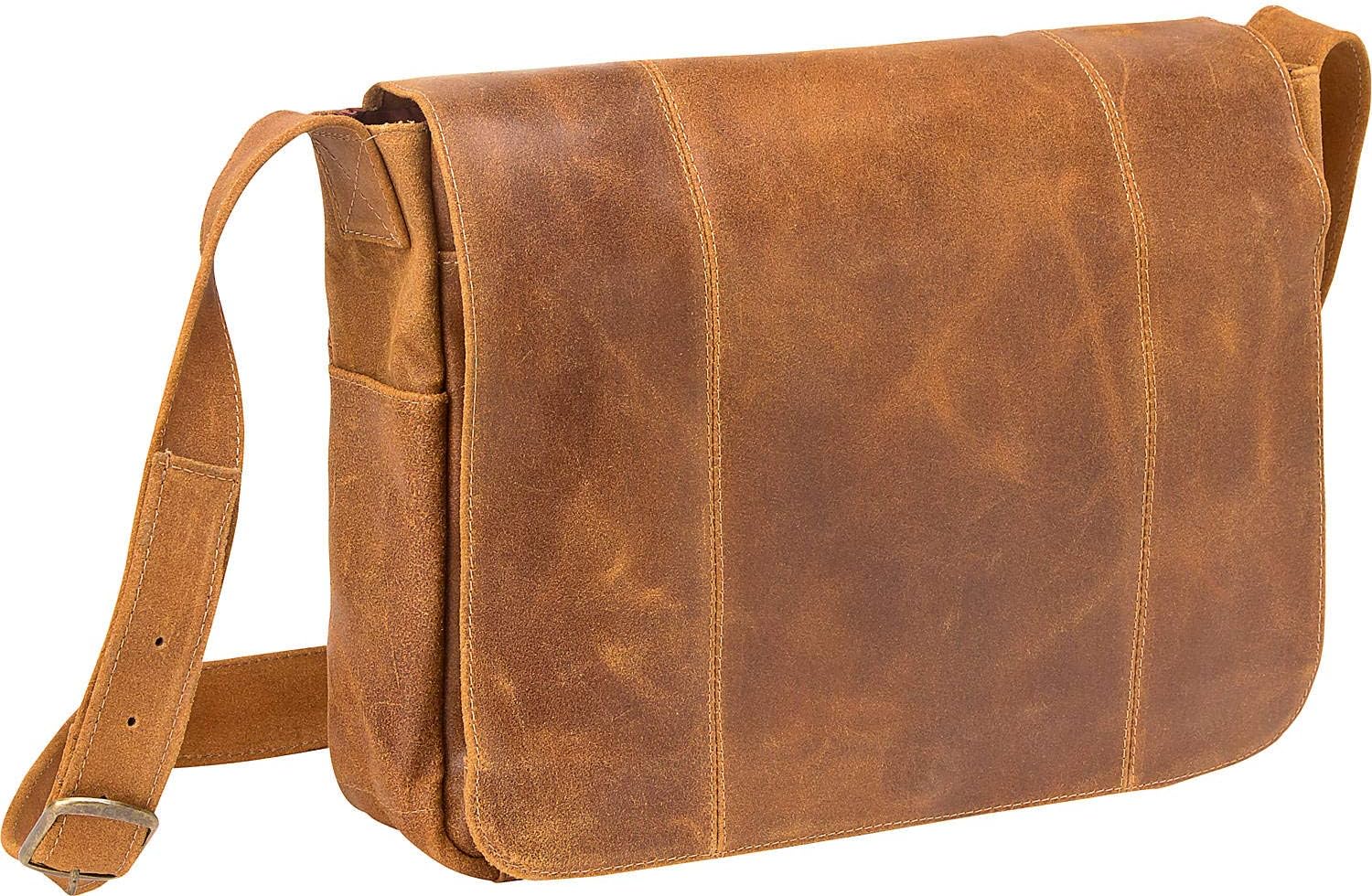 Le Donne Leather Distressed Full Flap Laptop Messenger Bag, 15” x 12” x 4.5” (Tan)