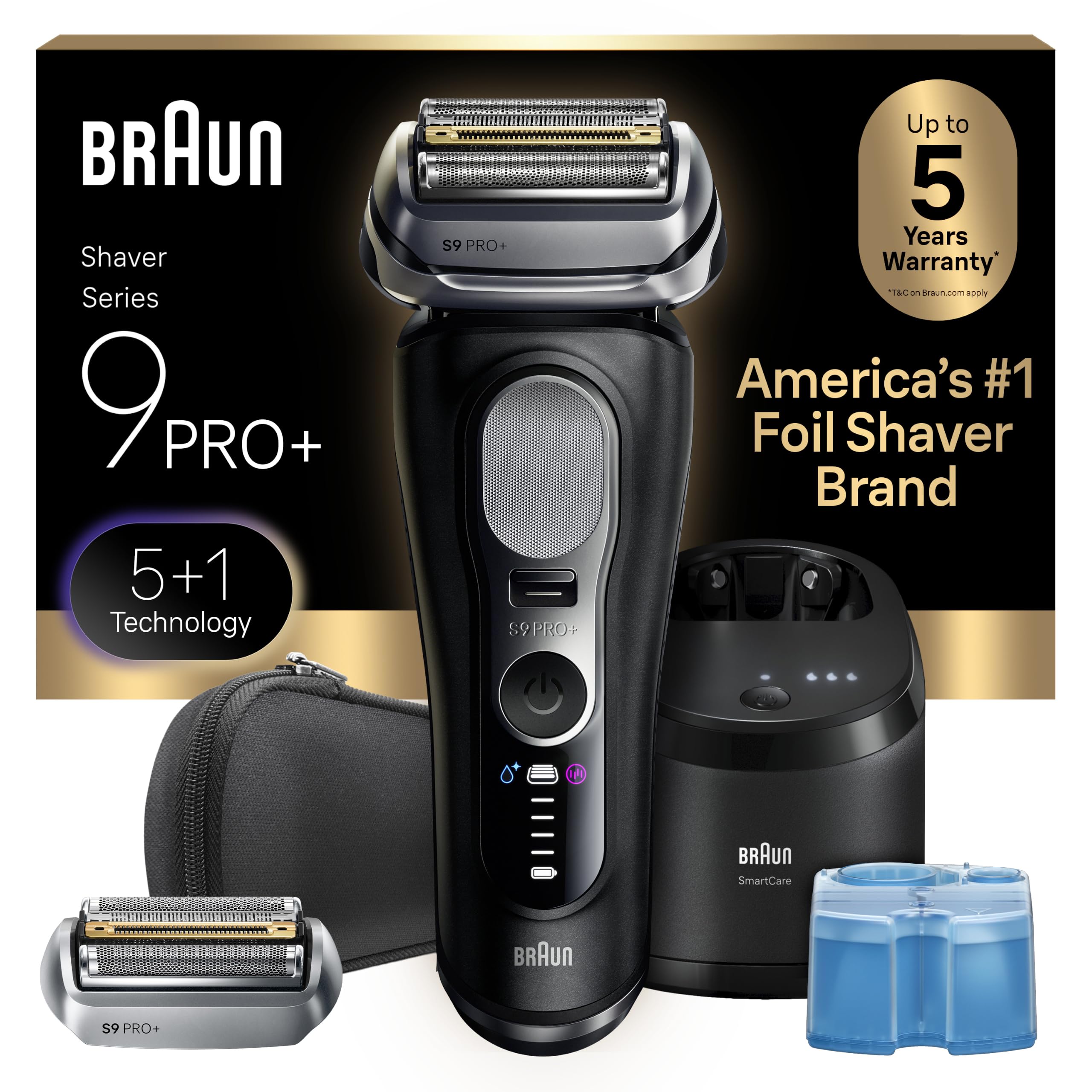 Braun Series 9 PRO+ Afeitadora eléctrica para hombres, maquinilla de afeitar de lámina húmeda y seca, centro SmartCare 6 en 1, ProTrimmer de precisión incorporado, cabezal de repuesto, estuche de viaje, negro 9660CCPS