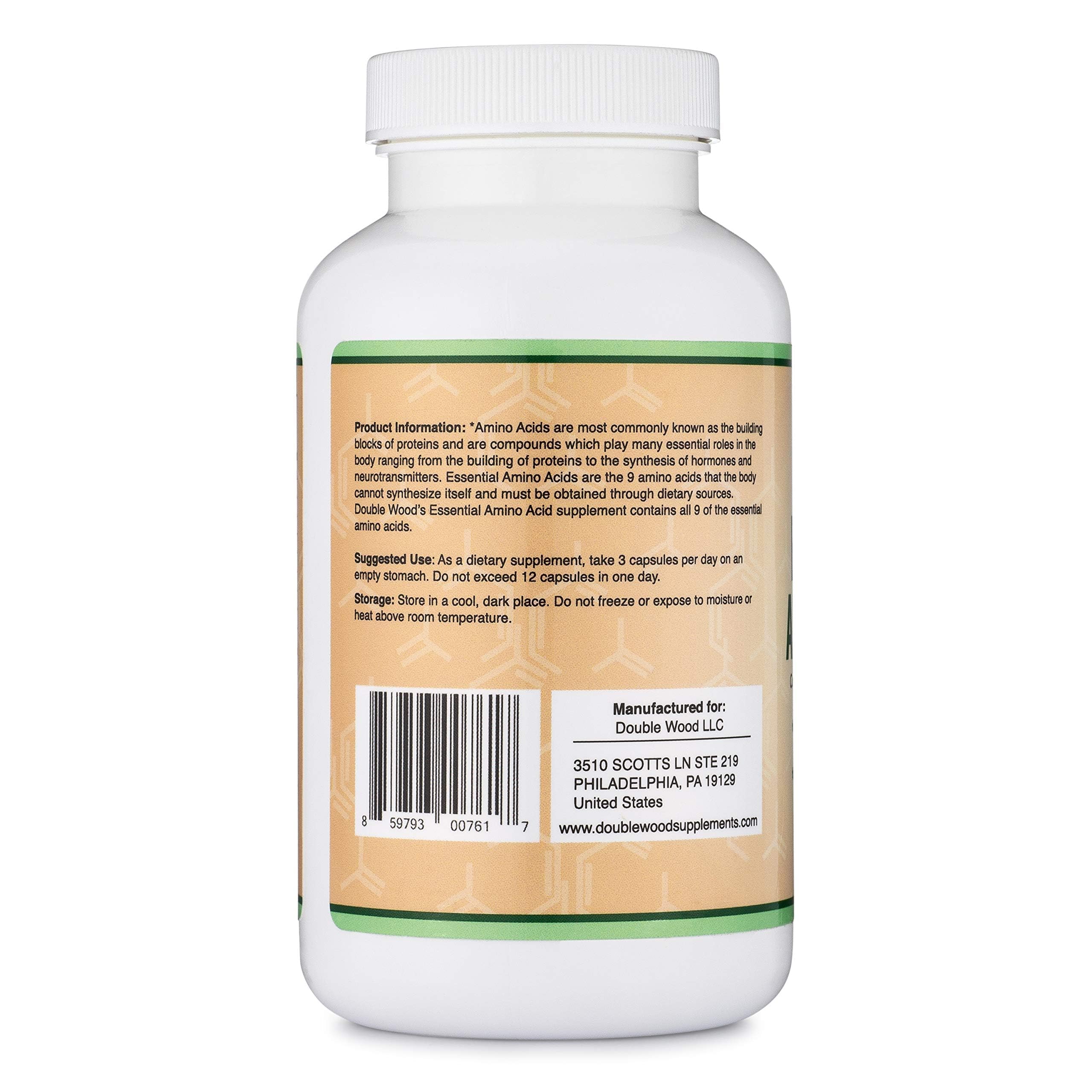 Double Wood Supplements Essential Amino Acids - 1 Gram Per Serving Powder Blend of All 9 Essential Aminos (EAA) and All Branched-Chain Aminos (BCAAs) (Leucine, Isoleucine, Valine) 225 Capsules, Gluten Free by Double Wood