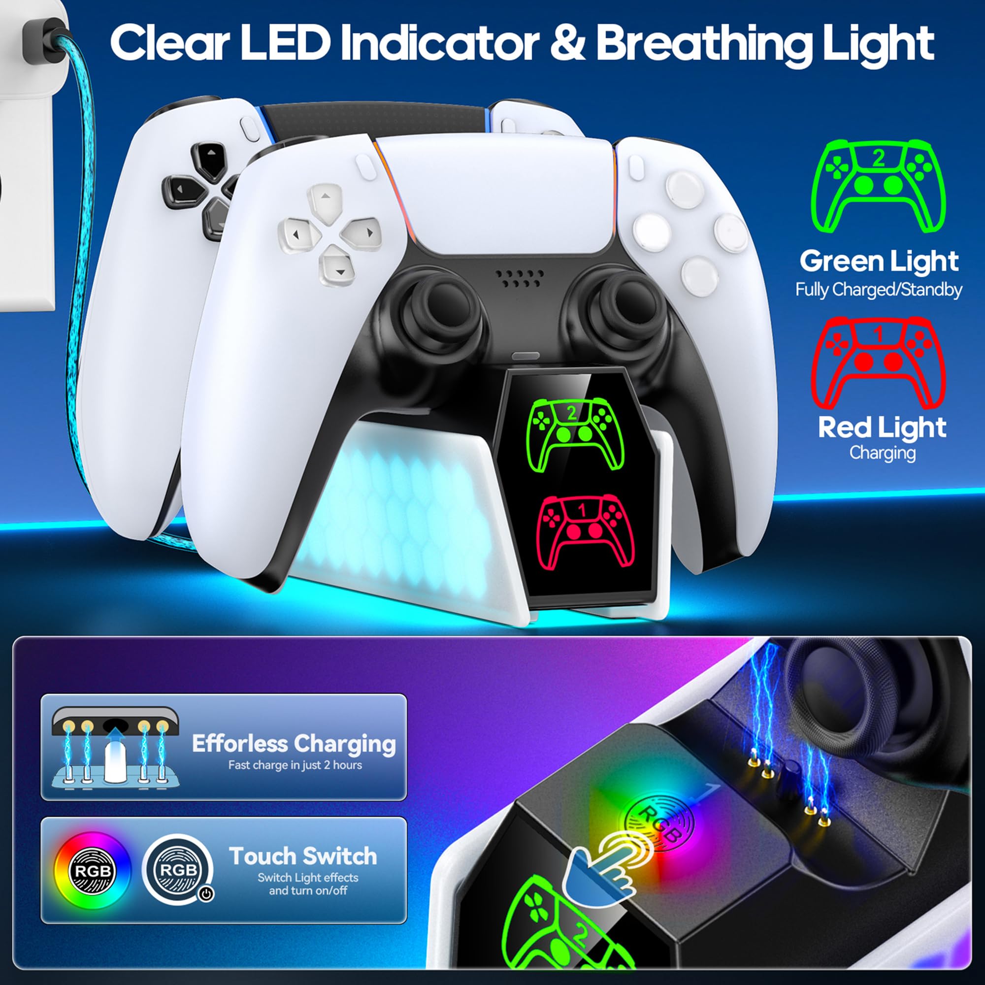 RGB PS5 Controller Ladestation für Dualsense Controller, Ladestation für PlayStation 5 Controller Zubehörset mit 2Std Schnelllade, PS5 Zubehör 3