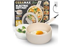 CERAMAX PRO 1.5L Electric Hot Pot with Lid & Steamer, Non Toxic Ceramic Cooker Skillet for Ramen, Eggs, Pasta for Dorms, Camp