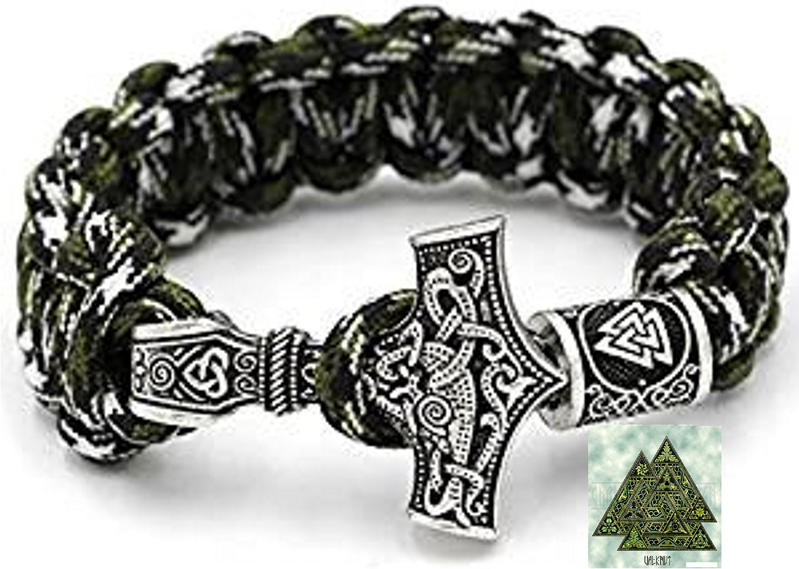 Viking Rune with Thor’s Hammer Pendant Military Green Camo Paracord Bracelet 25 cm Long