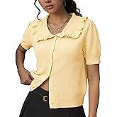Watashi Womens Short Sleeve Cardigan Casual Button Down Ruffle Collared Lightweight Knittwear Summer Sweater Top
