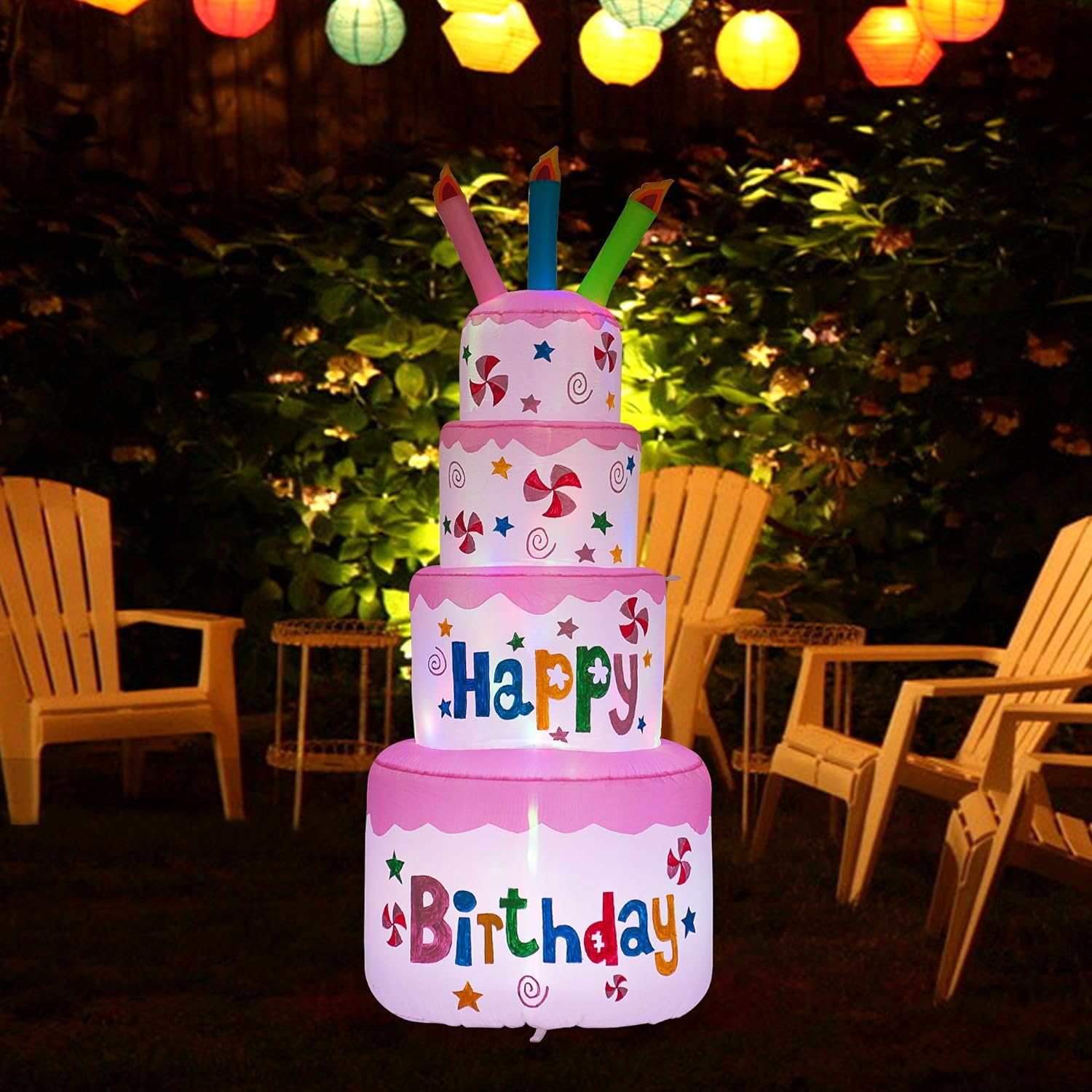 AJY 6 Feet Tall Cute Inflatable Happy Birthday Cake with Candle Blow Up Indoor Outdoor Yard Lawn Decoration: Garden & Outdoor