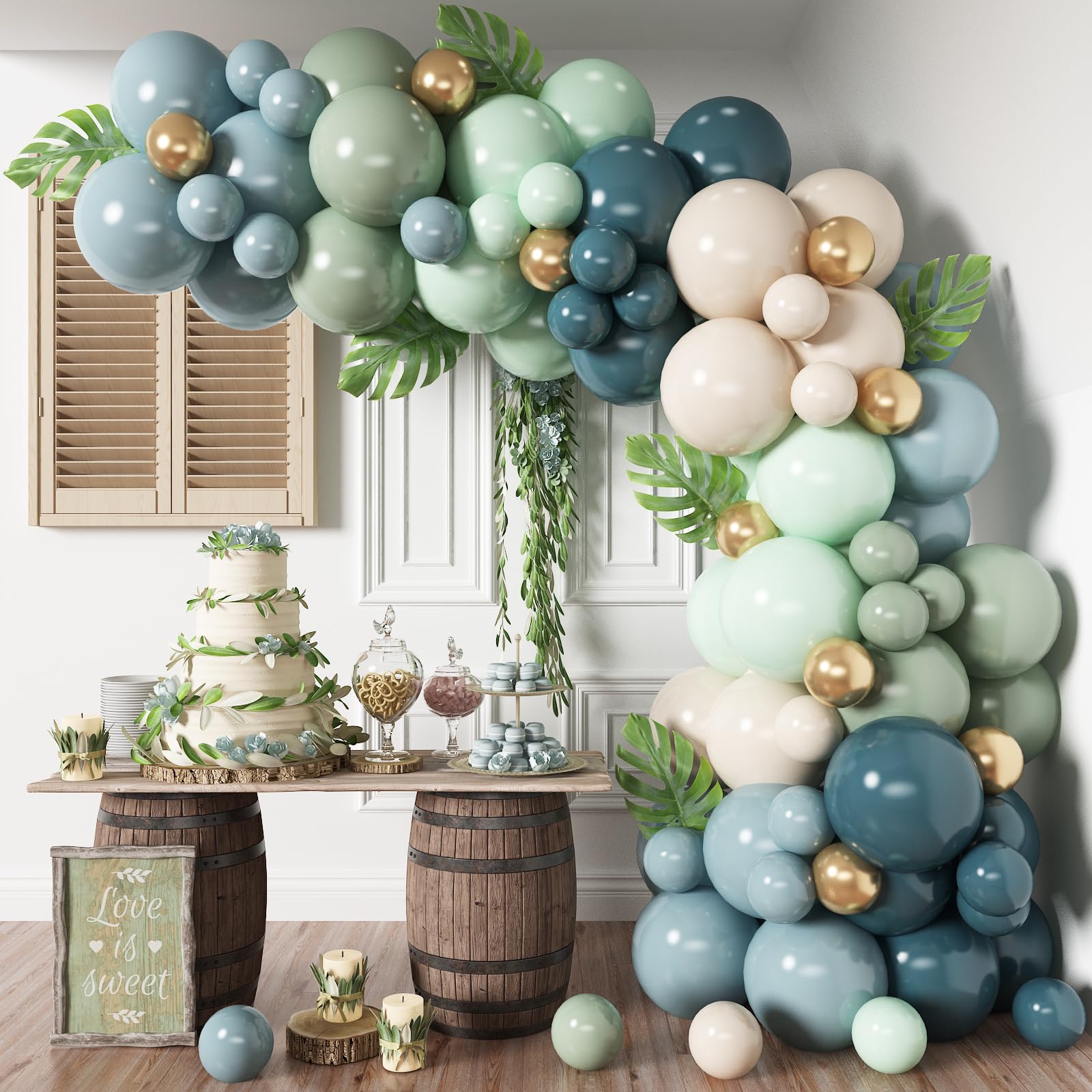 Photo 1 of ****Parts only***

HILAVO Dusty Blue Sage Green Balloon Arch Kit Slate Fog Blue Pastel Green White Sand Beige Gold Balloons Garland for Jungle Safari Birthday Baby Shower Wedding Party Decorations