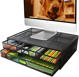 Monitor Stand Riser with Drawer - Metal Office Supply Mesh Desk Organizer and Storage with 2 Large Pullout Drawers for Laptop PC Printer Computer, Black