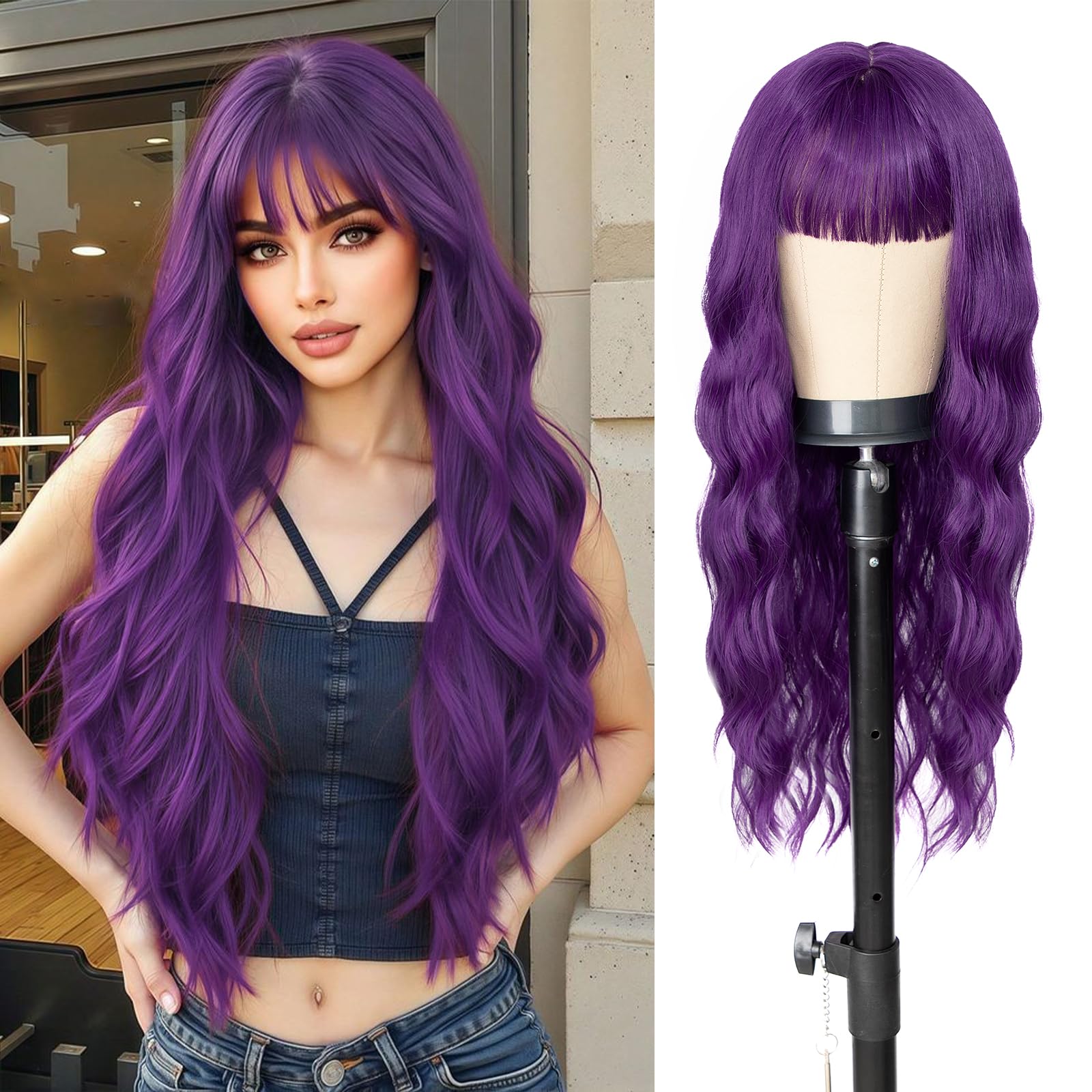 Photo 1 of ENTRANCED STYLES Purple Wigs for Women,Dark Purple Wig with Bangs Long Purple Wig Synthetic Fiber Womens Wavy Wigs Long Curly Wig for Daily Cosplay Party