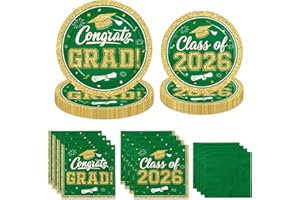 Graduation Plates and Napkins 2026,200pcs Green and Gold Graduation Decorations 2026 Disposable Congrats Grad Paper Plates fo