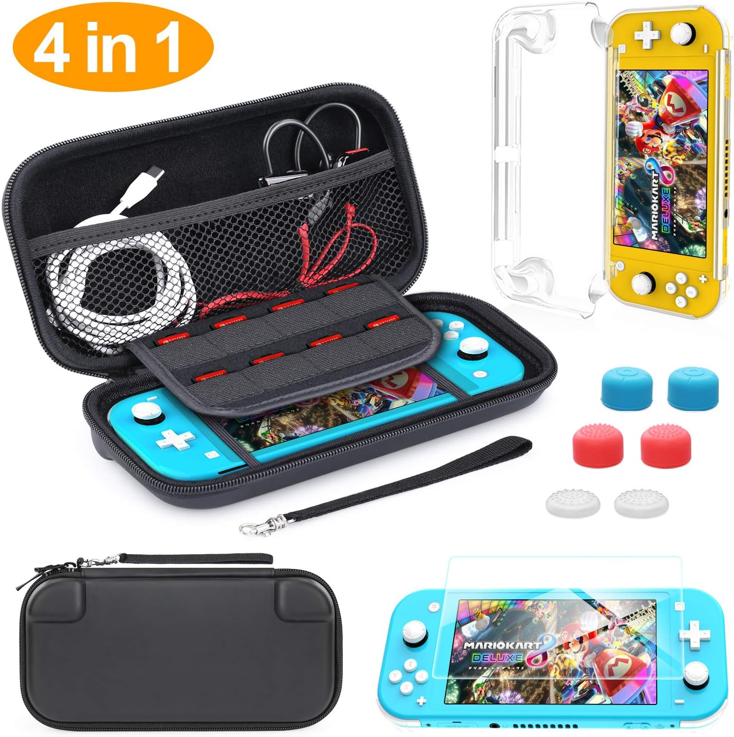 Compatible Nintendo Switch Lite Carrying Case, HEYSTOP Mini Switch Lite Cover Case + Tempered Glass Screen Protector + Games Card + 6 Thumb Grip Caps for Nintendo Switch Lite Accessories Kit