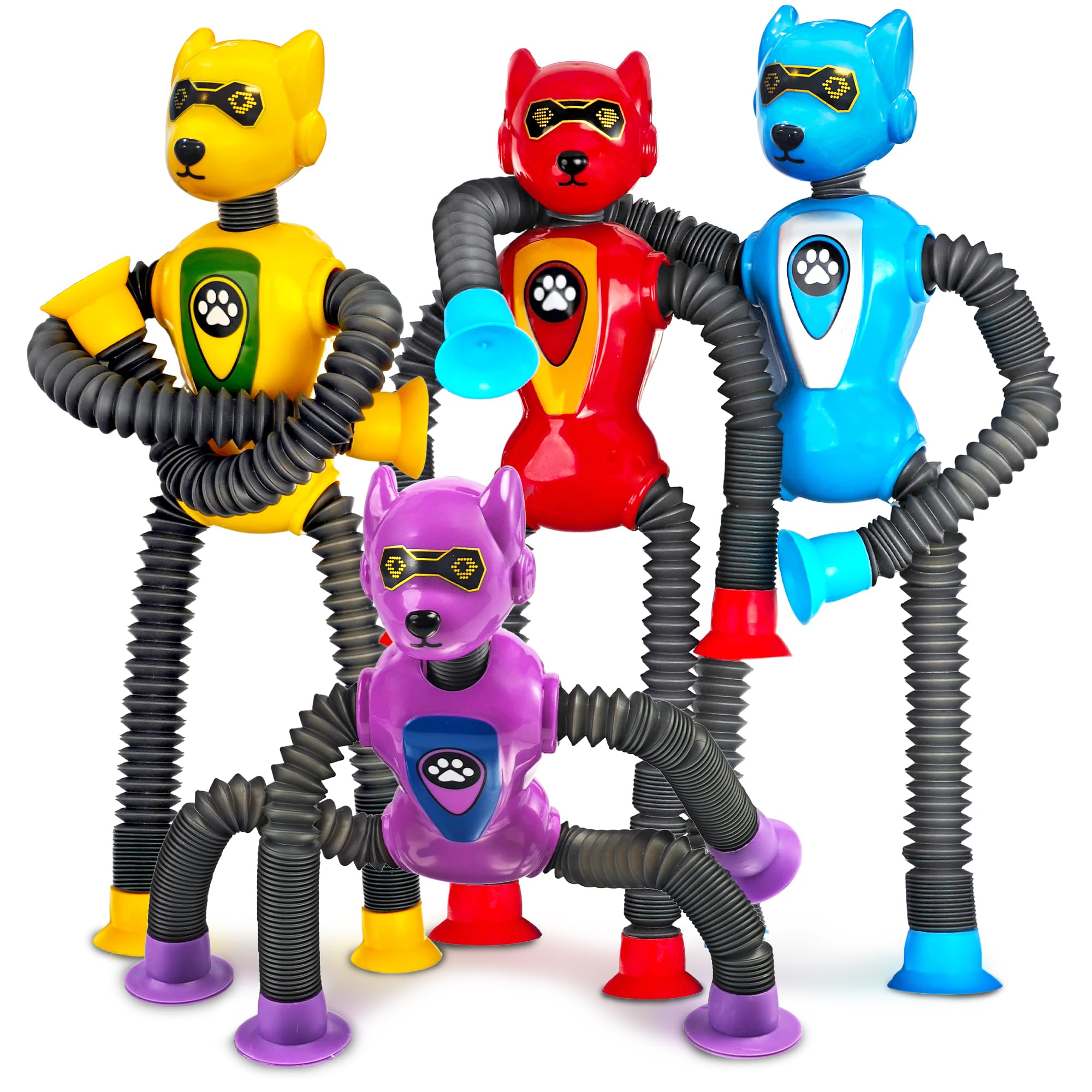 Photo 1 of Cool Robot Dog Pop Tubes Sensory Fidgets Toddler Toy 4PC Travel Toys Airplane Car Activities Autistic Road Trip Toys Suction Tube for Kid Boy Year Old Ages 3 4 5 6 7 8 ADHD Autism Fidget Classroom