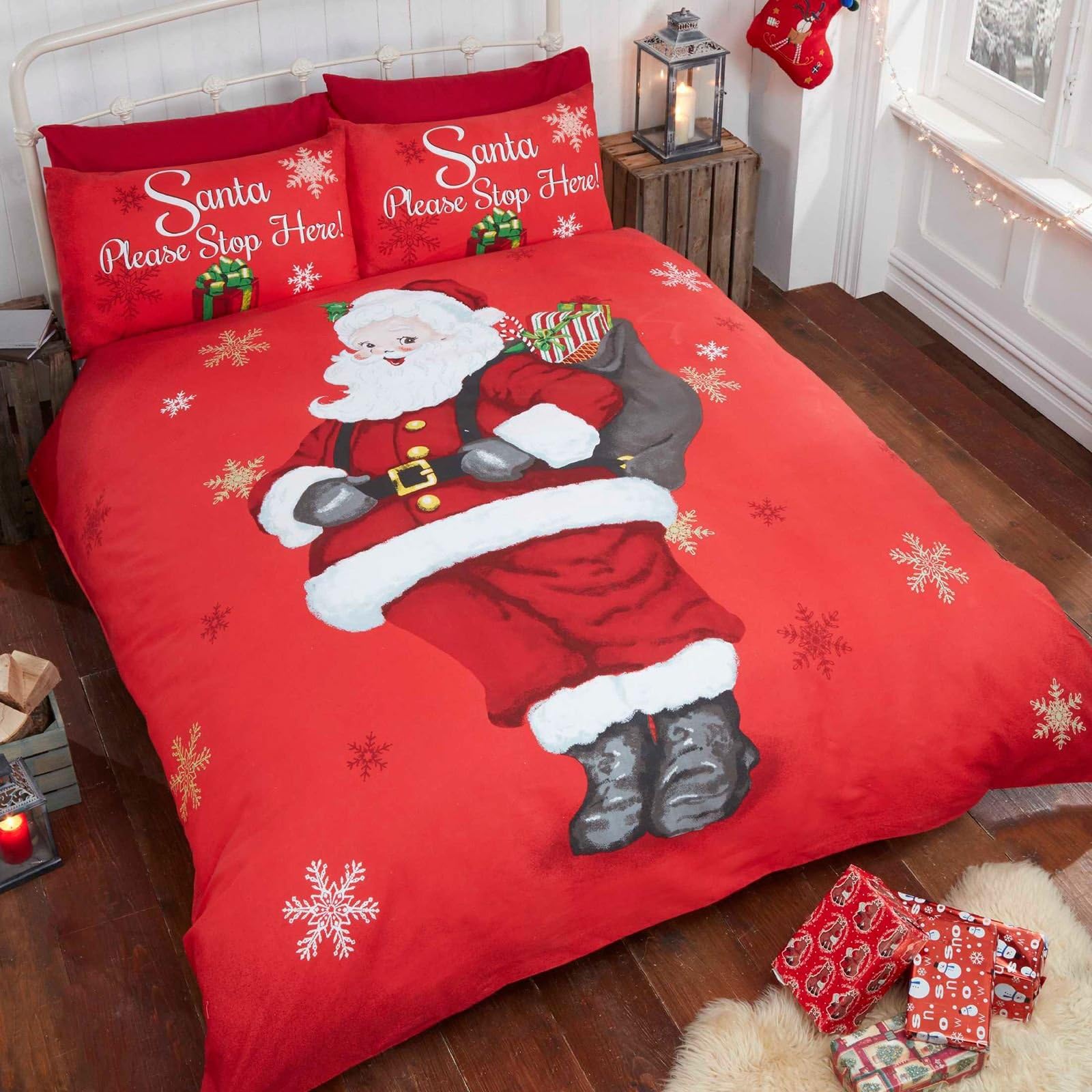 Santa Stop Here Single Christmas Duvet Cover and Pillowcase Set by Rapport