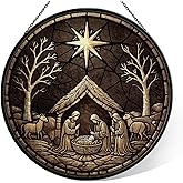 Nativity Scene Suncatcher - 7.9" Hand Painted Stained Glass Christmas Ornament & Window Hanging, Outdoor/Indoor Birth of Jesus Decor, Religious Christian Gift for Women, Men