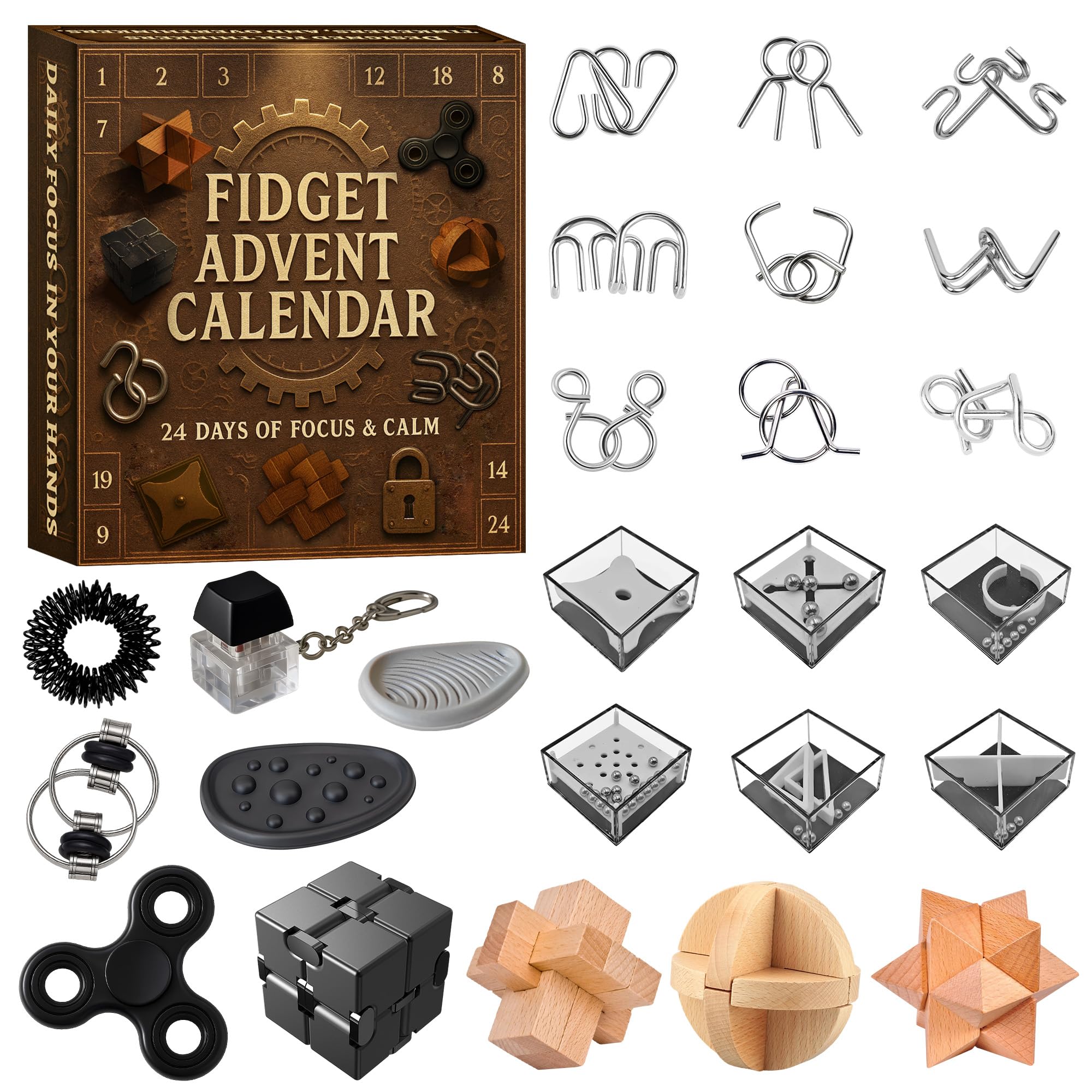 Photo 1 of Rubypop Fidget Advent Calendar 2025, 24 Day Brain Teaser Christmas Countdown Wooden & Metal Puzzle Toys, Holiday Gifts for Kids Teens Adults