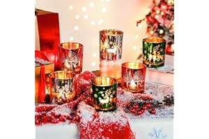 MJ PREMIER Christmas Glass Votive Candle Holders, 6 pcs Xmas Tea Lights Candles Holders, Candle Holder for Christmas Centerpiece Table Decorations Party Fireplace Mantle Décor 3.15”*2.75”, Glossy