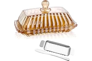 VSKIKRIS ‌Champagne-Colored Glass Butter Dish with Lid - Tray Style, 6.7"×3.7"‌ Triple-Use Design for Kitchen, Countertop & Refrigerator - Includes Bonus Butter Cutter and Knife Set