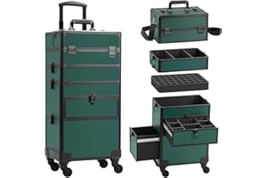 Somduy Rolling Makeup Case with Drawer, Makeup Train Case, 4 in 1Cosmetology Case on Wheels, Christmas Gift, Large Makeup Case Organizers, Profesional Cosmetic Case for Salon Barber, Green