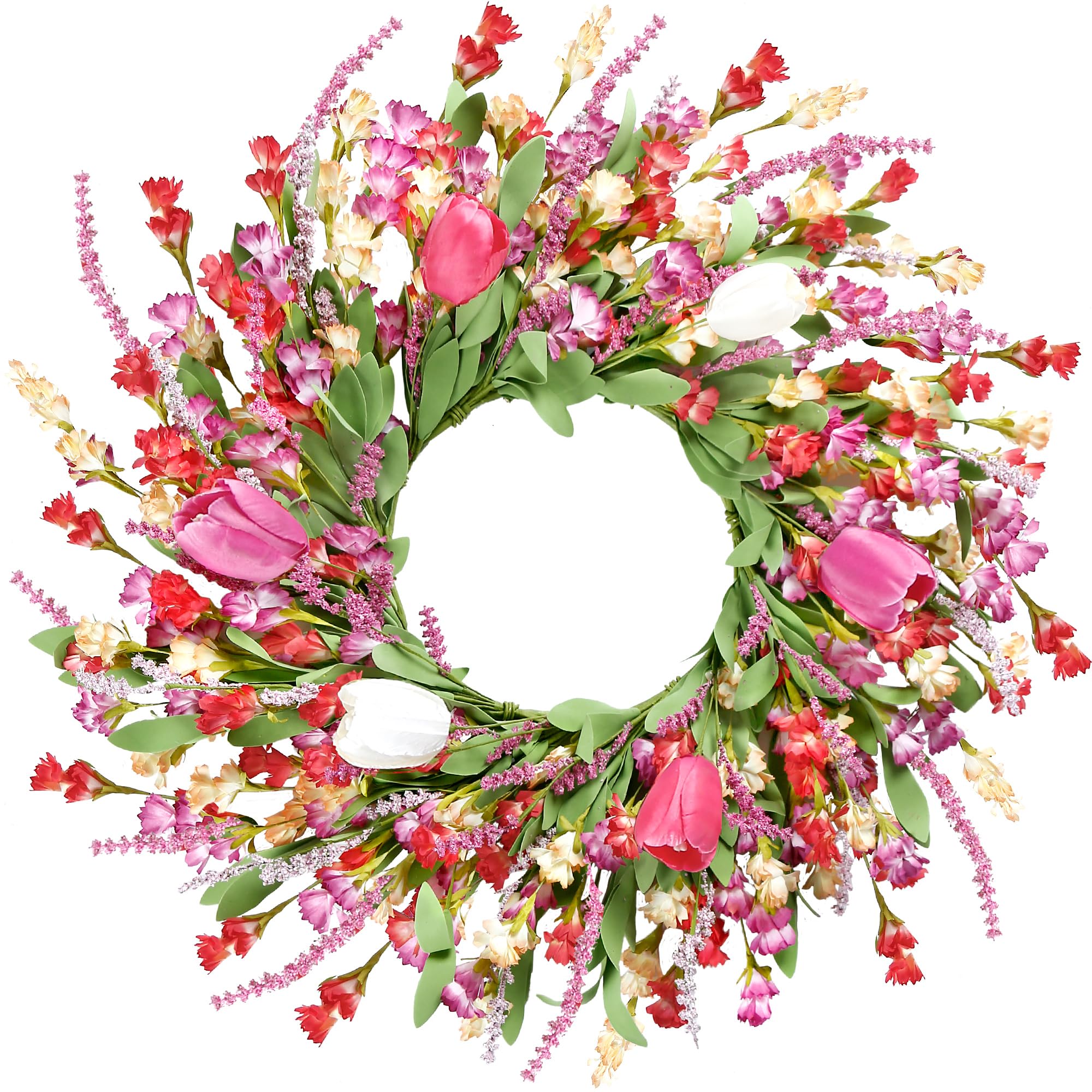 Sggvecsy Spring Summer Wreath for Front Door 22 Inch Artificial Colorful Flower Wreath with Colorful Tulips Greenery Leaves Lavender for All Seasons Home Farmhouse Indoor Outdoor Wall Decor (Mixed)