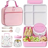 FAJSL Bento Box for Kids with Thermo Food Container (9oz), 4-Compartment Lunch Box, Adjustable Divider, Leakproof Bento Lunch Box, Includes Utensils & Carry Bag for School, Office(White-Horse)