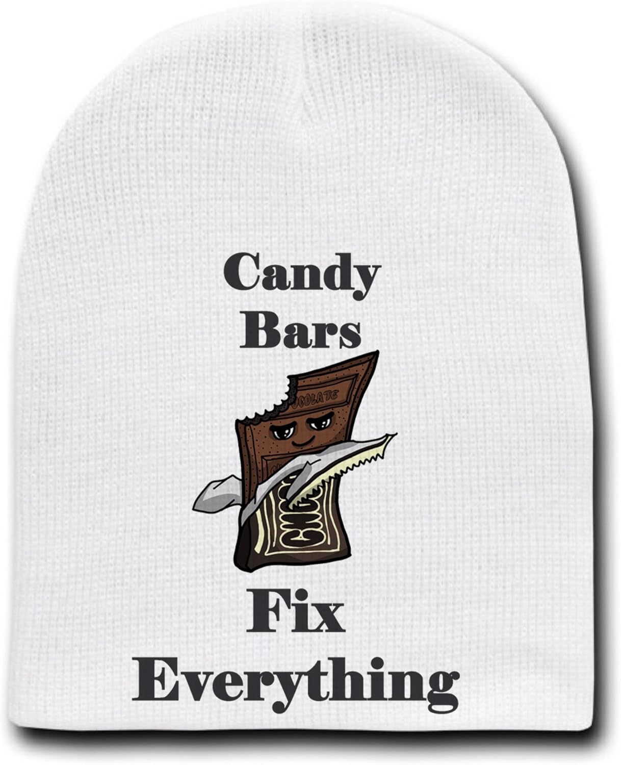 Candy Bars Fix Everything Food Humor Cartoon - White Beanie Skull Cap Hat: Clothing
