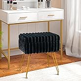 xuperbonus Faux Fur Black Vanity Stool Chair with Storage Ottoman, Vanity Chair for Makeup Room, Vanity Stools for Bedroom, Footrest with Metal Legs and as a Coffee Table, Black