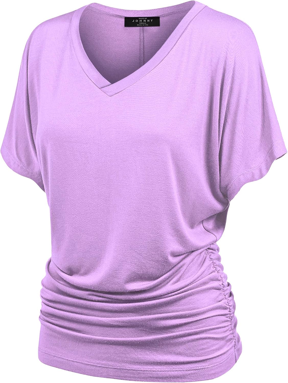Made By Johnny MBJ Women's Solid Short Sleeve Boat Neck V Neck Dolman Top with Side Shirring
