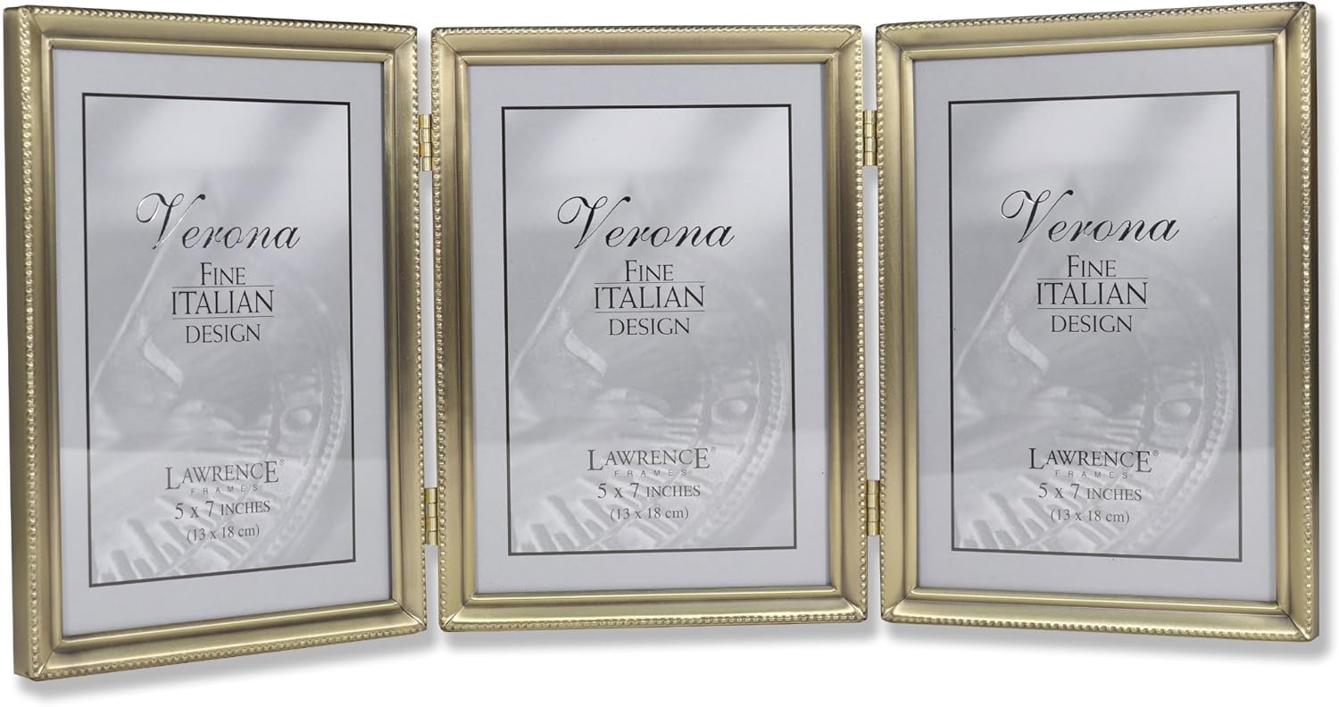Lawrence Frames Antique Brass 5x7 Hinged Triple Picture Frame, Bead
