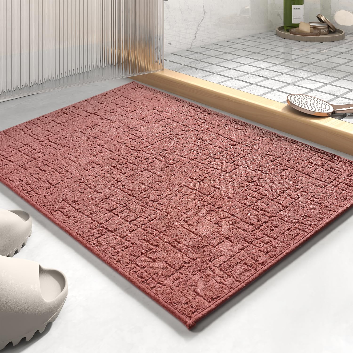 AMOAMI-Bath Mat-Absorbent Quick Dry Bathroom Floor Mats-Washable Rubber Backing Bath Mats for Bathroom Rugs Fit Under Door-Bath Rug for in Front of Sink Bathtub Shower Room, Rose 17''x24''