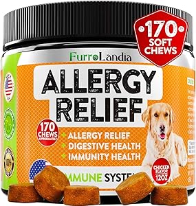 FurroLandia Allergy Relief Immune Supplement for Dogs - Seasonal & Food Allergies - Skin Itch, Hot Spots and More - Supports Digestive & Skin Health - Made in USA - 170 Soft Treats (Chicken)