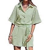 Yousify Womens Summer Casual Striped Rompers Short Sleeve Button Down Belted Elastic Waist Short Jumpsuit