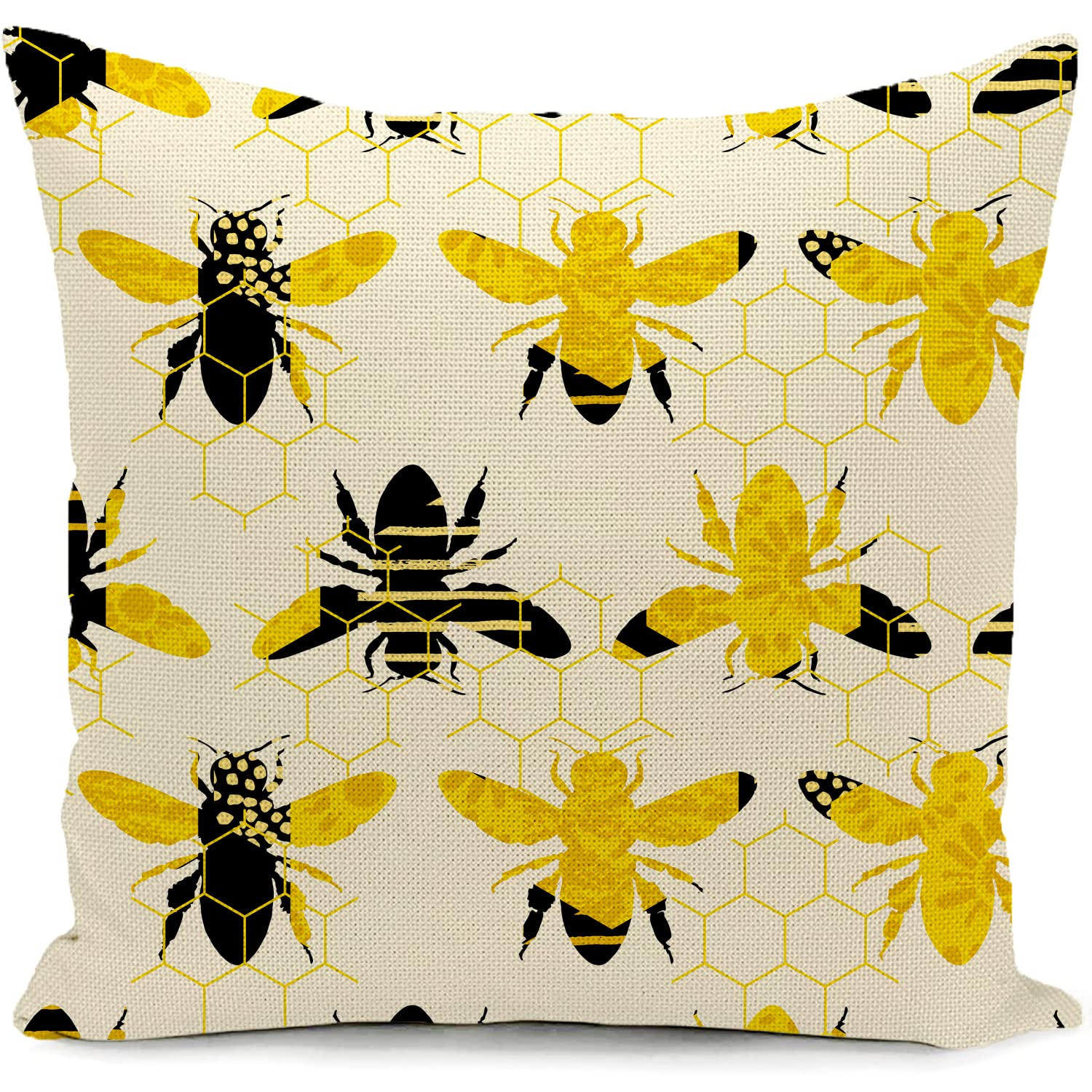 KUNQIAN Bee Cushion Cover Yellow Pillow Cover Linen honeycomb Decor for Home Livingroom Outdoor Couch Bed Sofa Decorate Throw Pillow Case Bee Gift 18"x18" — image 1