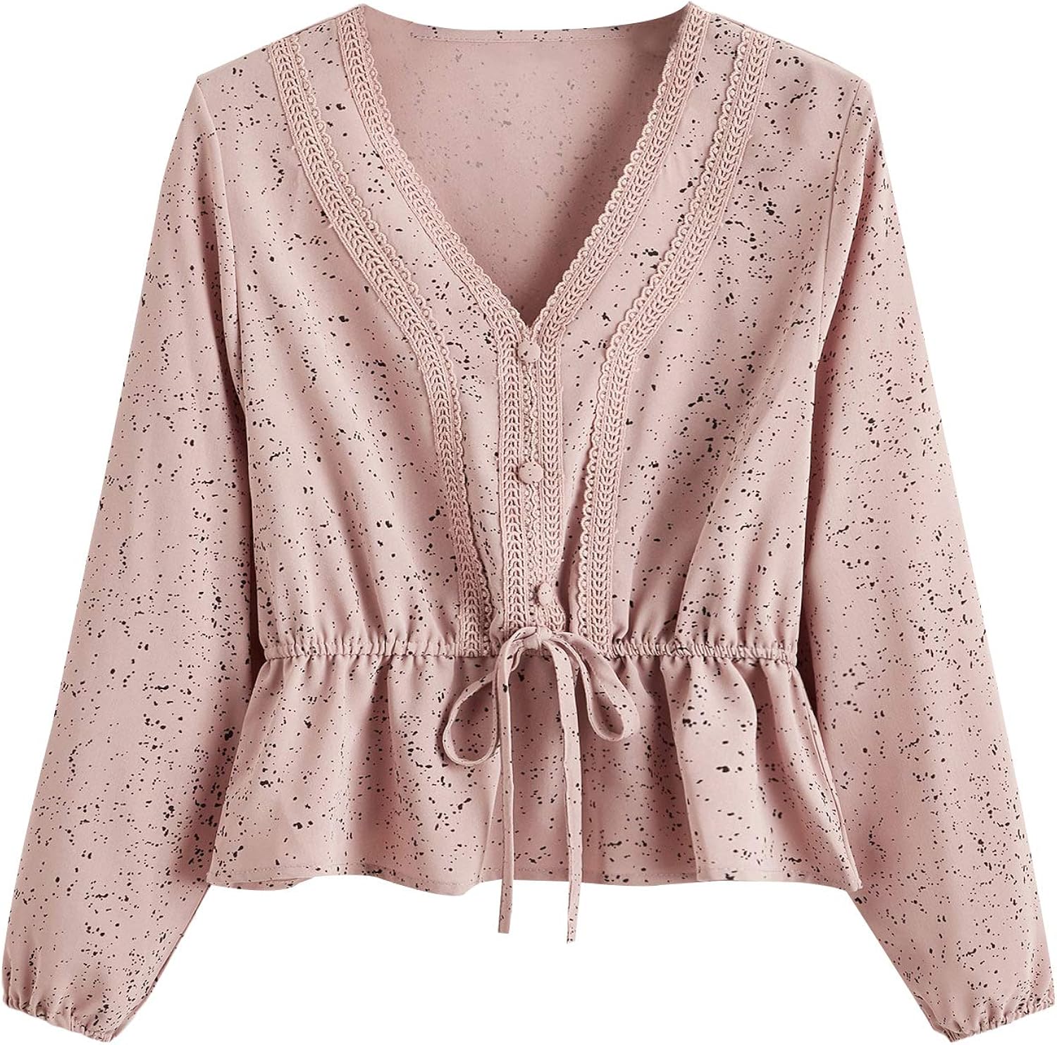 Milumia Women's Elegant Lace V Neck Blouse Button Front Long Sleeve Ruffle Peplum Blouse at 