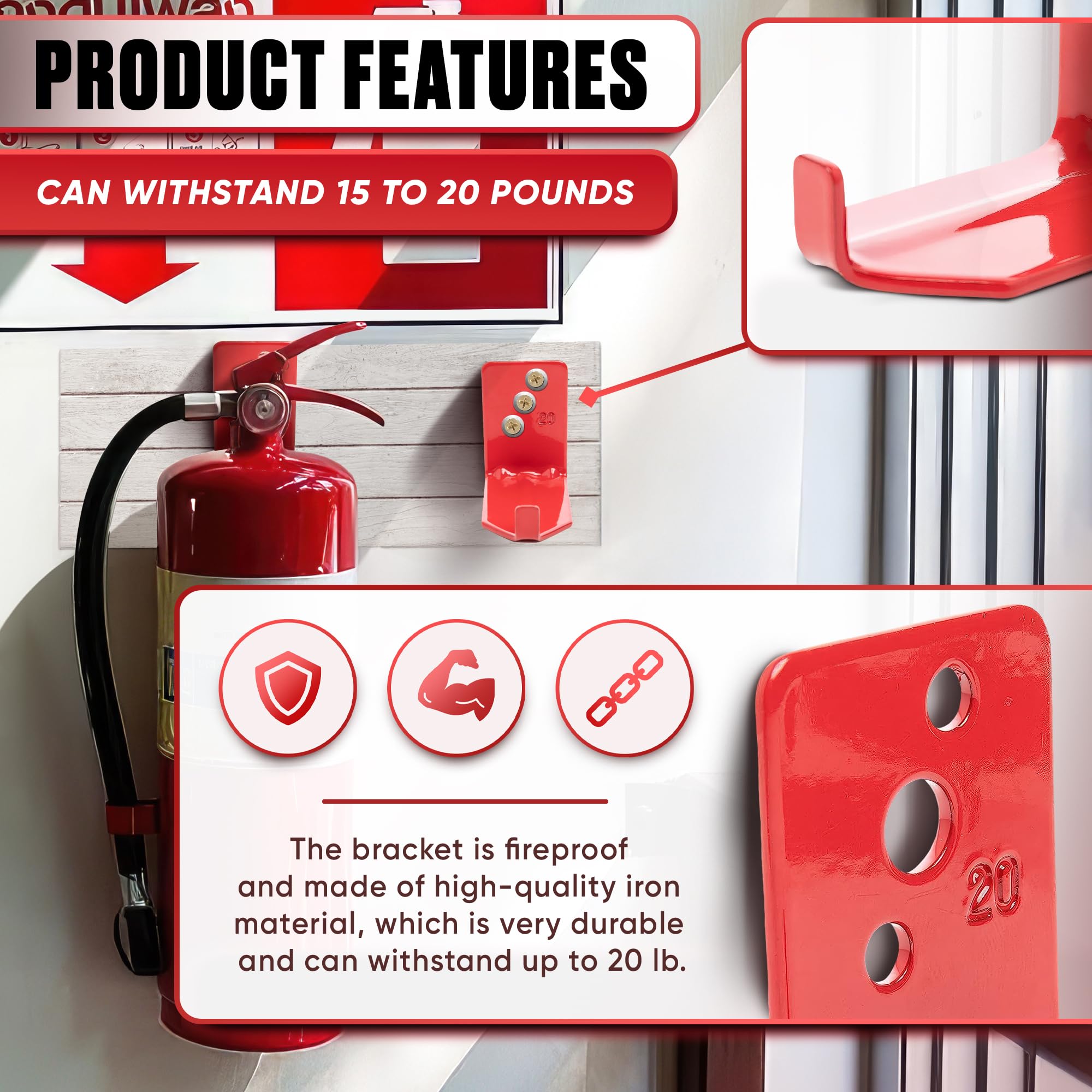 thumbnail image 2 of 4 Pack Universal Hook Style Fire Extinguisher Wall Mount Bracket – Fits 5lb Extinguishers 2 of 6