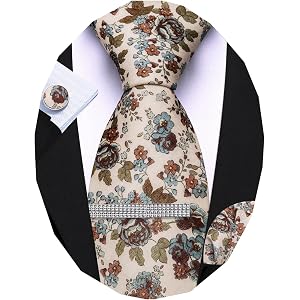 Barry.Wang Mens Cotton Tie Sets 63" Necktie 2.76" Handkerchief Cufflinks‌ | Men Floral Tie Sets,100% Cotton,Extra Long Skinny